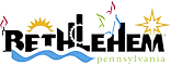 Logo of Bethlehem with a sunburst on the left, a floral design above the middle, and a starburst on the right.