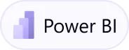 Power BI logo with three ascending purple bars to the left of the text 'Power BI' on a rounded white rectangle background.