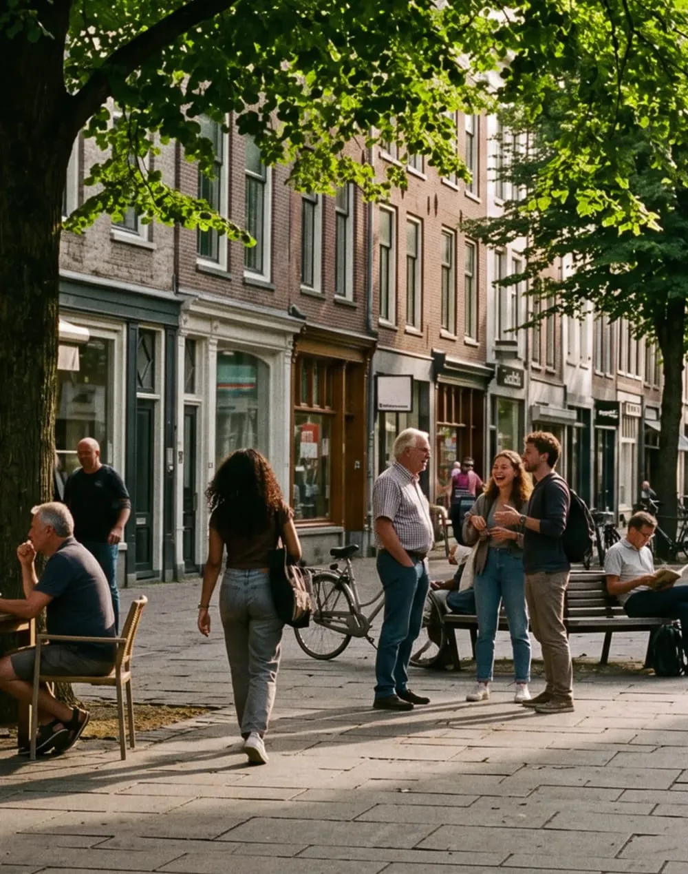 People interacting and relaxing on a tree-lined street with benches and storefronts during daylight.