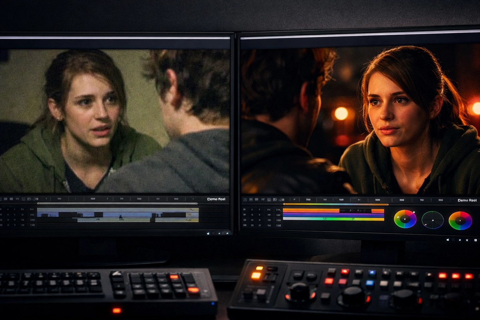 Comparison of low-quality student film vs professional demo reel with cinematic production quality