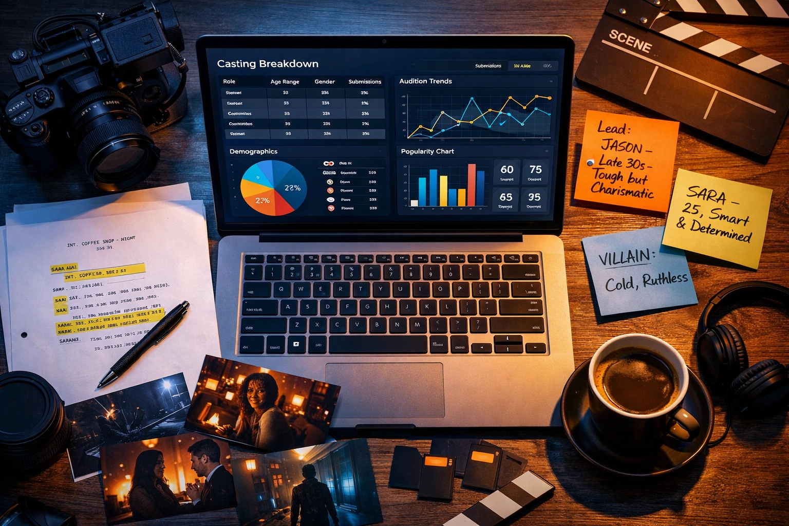 Data-driven demo reel production workspace showing casting breakdowns and scene planning materials