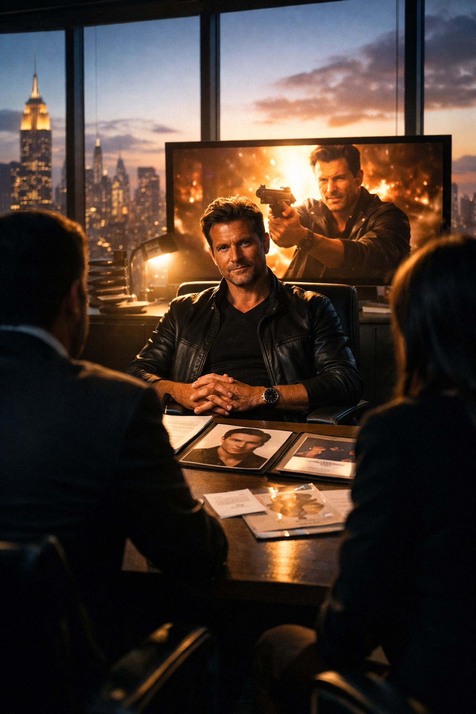 Confident actor meeting with talent agents to pitch demo reel in modern agency office