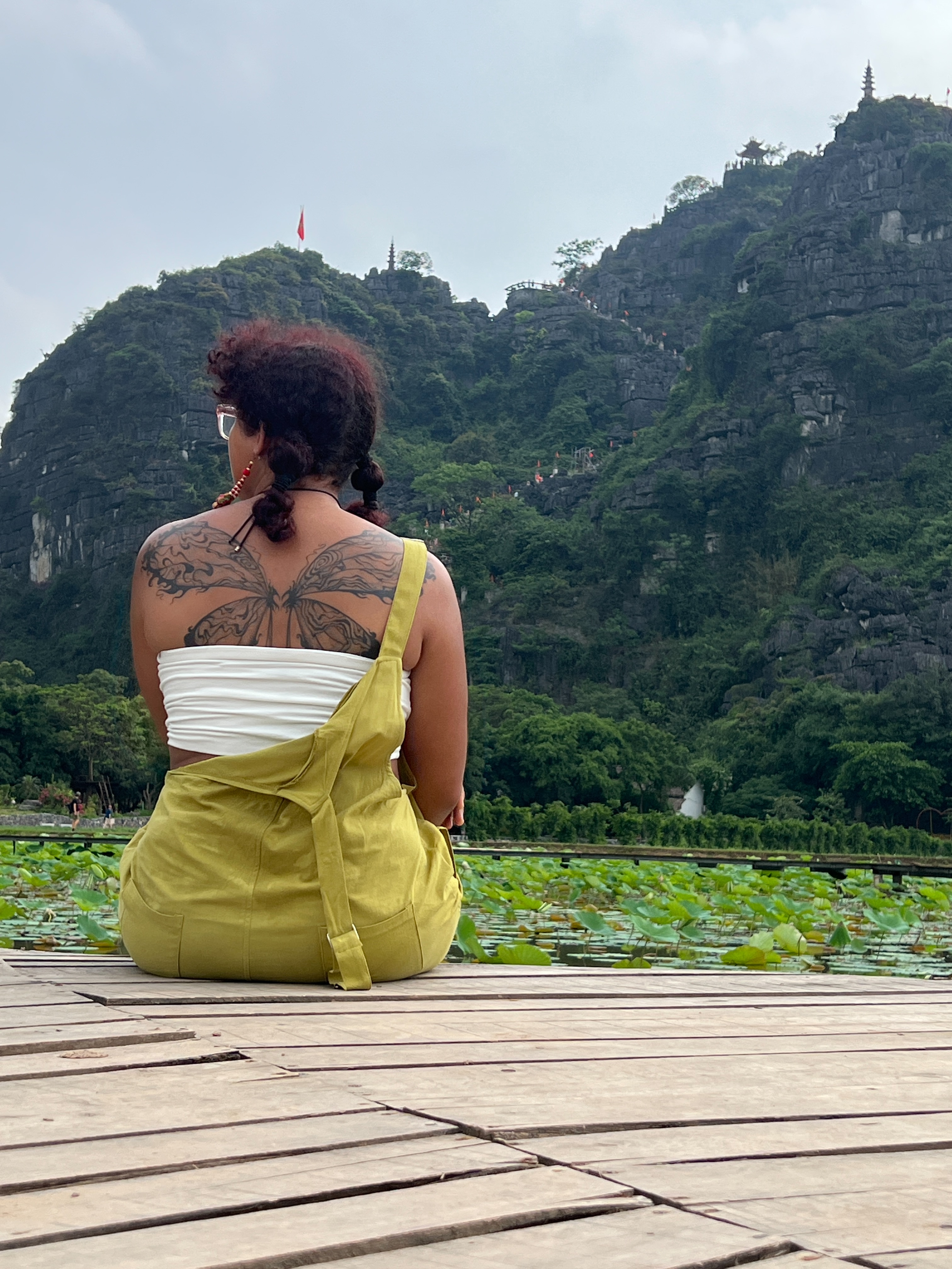 aaliyah's butterfly back tattoo on full display as she overlooks a lotus pond