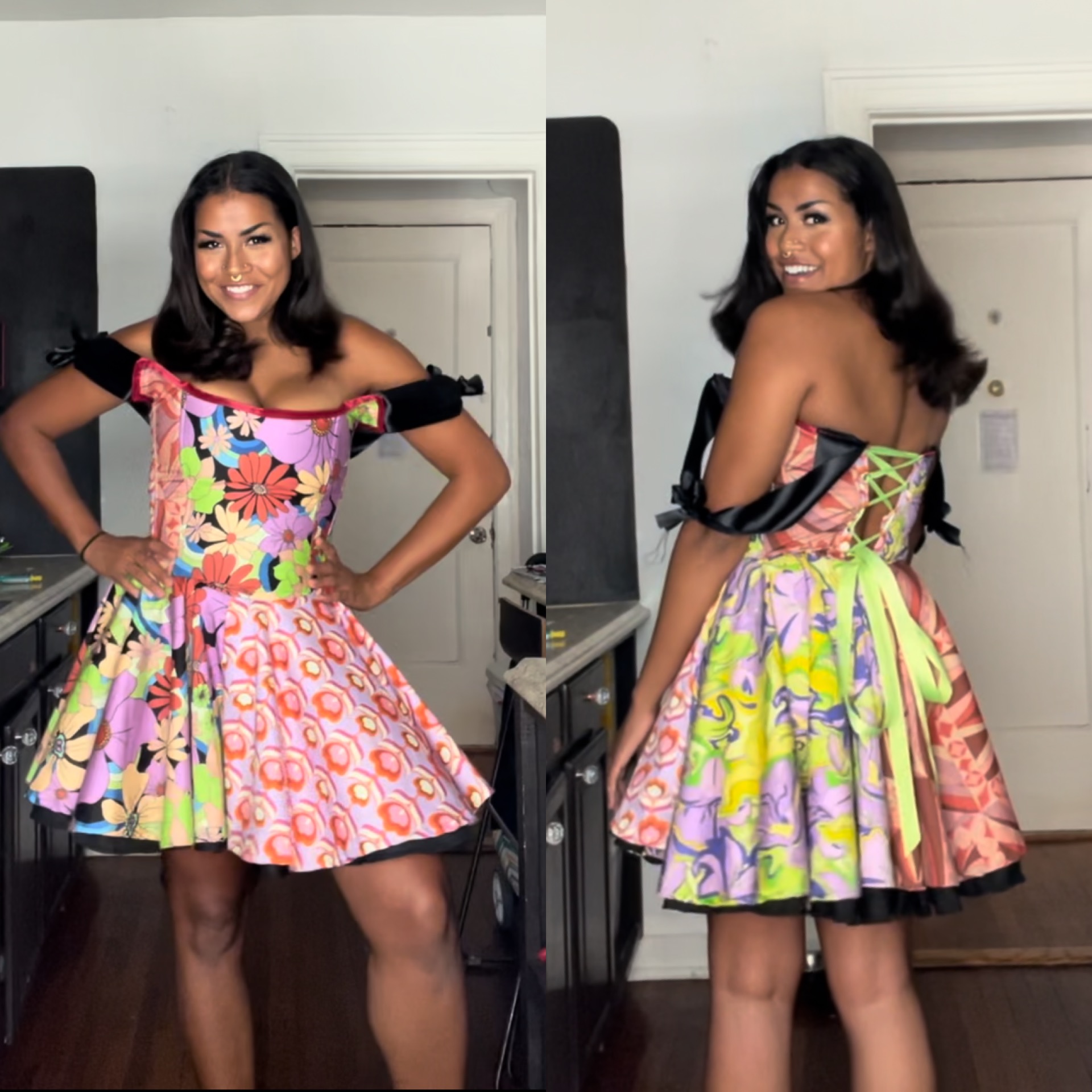 chaotic mini cocktail dress made with 4 bold bright patterned fabrics. It features a corset bodice and a double circle skirt