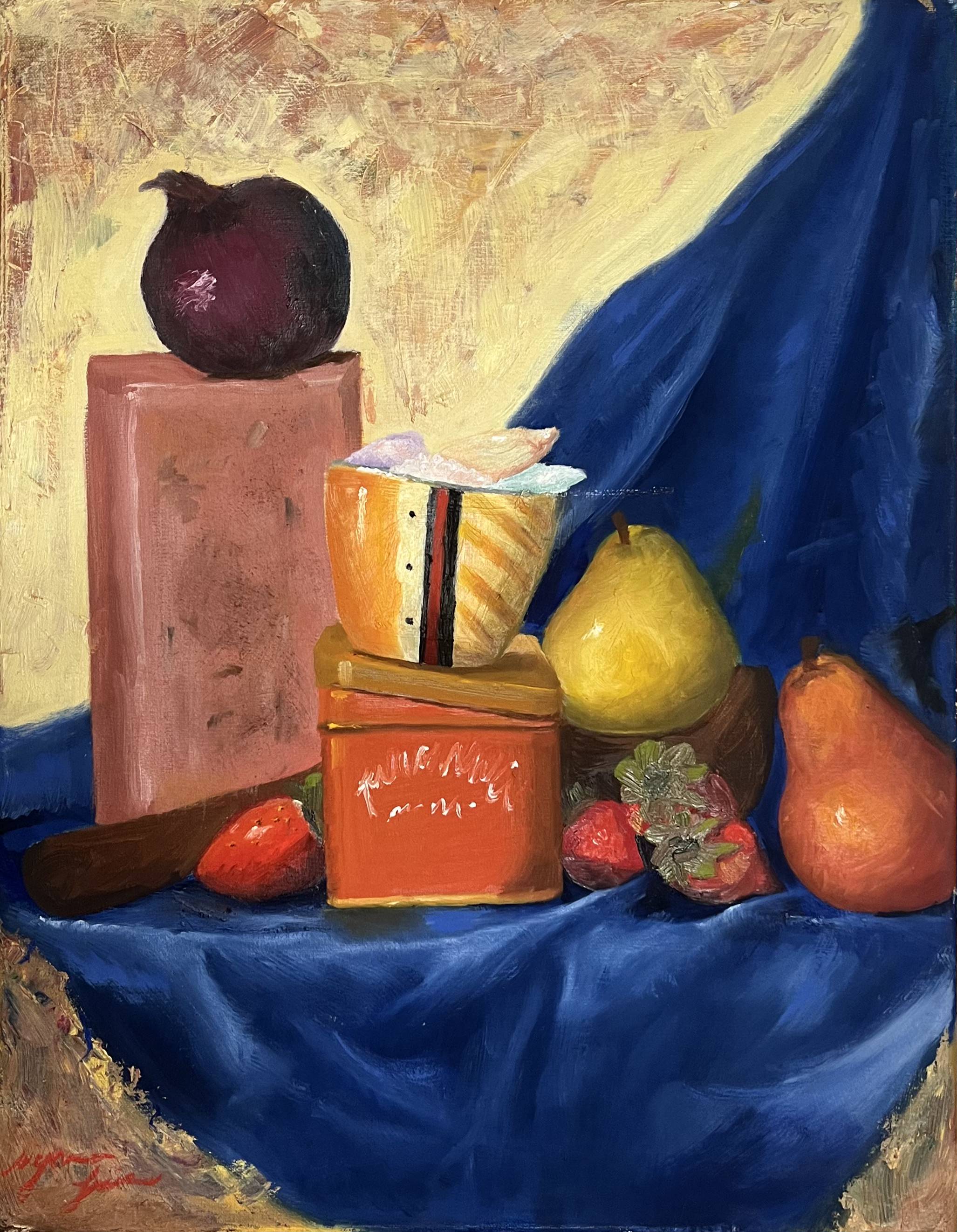 an oil paint still life of an onion and pears