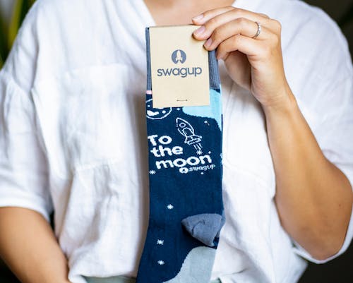 custom socks for swag up in blue with to the moon words