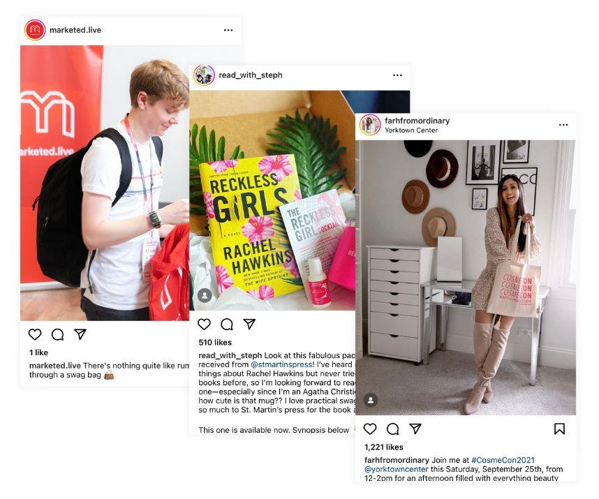 Examples of using social media for trade show booth promotion: a layer of three screenshots of Instagram posts from various businesses and influencers