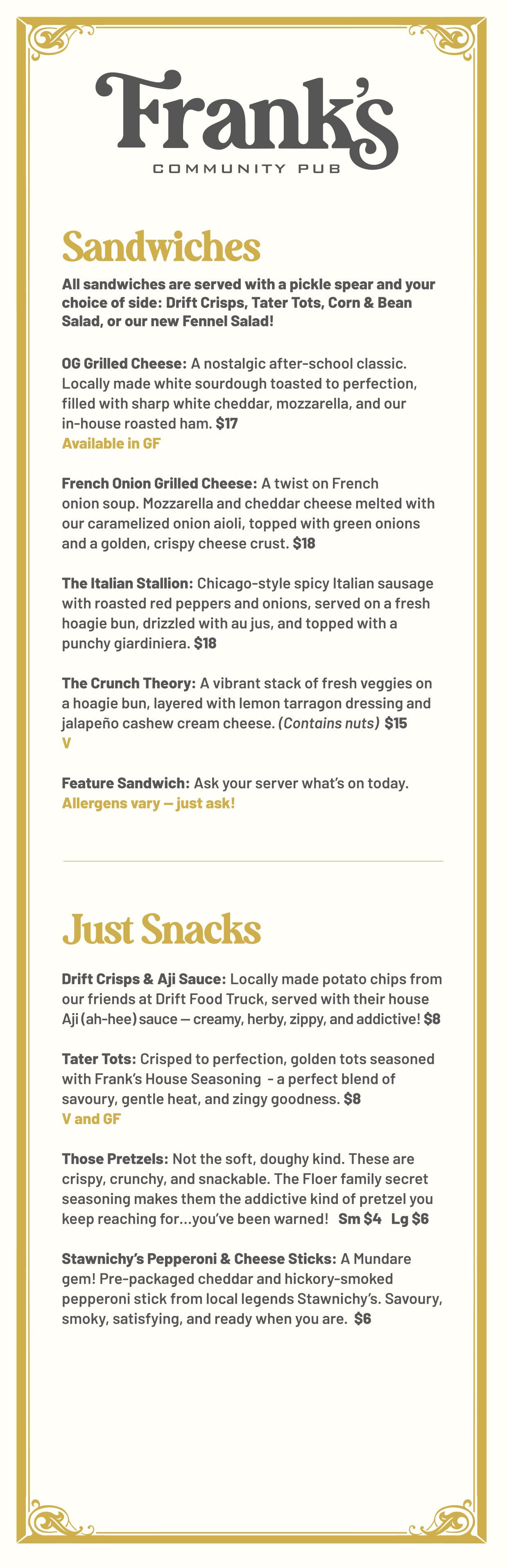Frank's snack menu