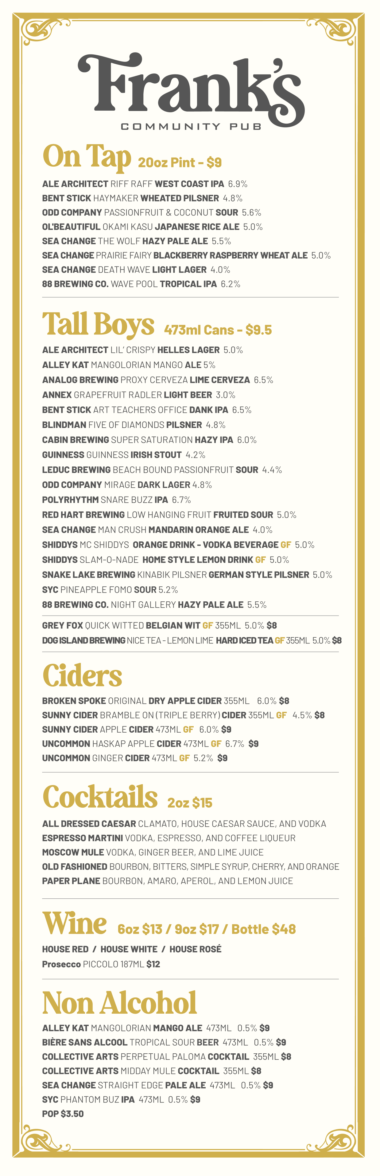 Frank's snack menu
