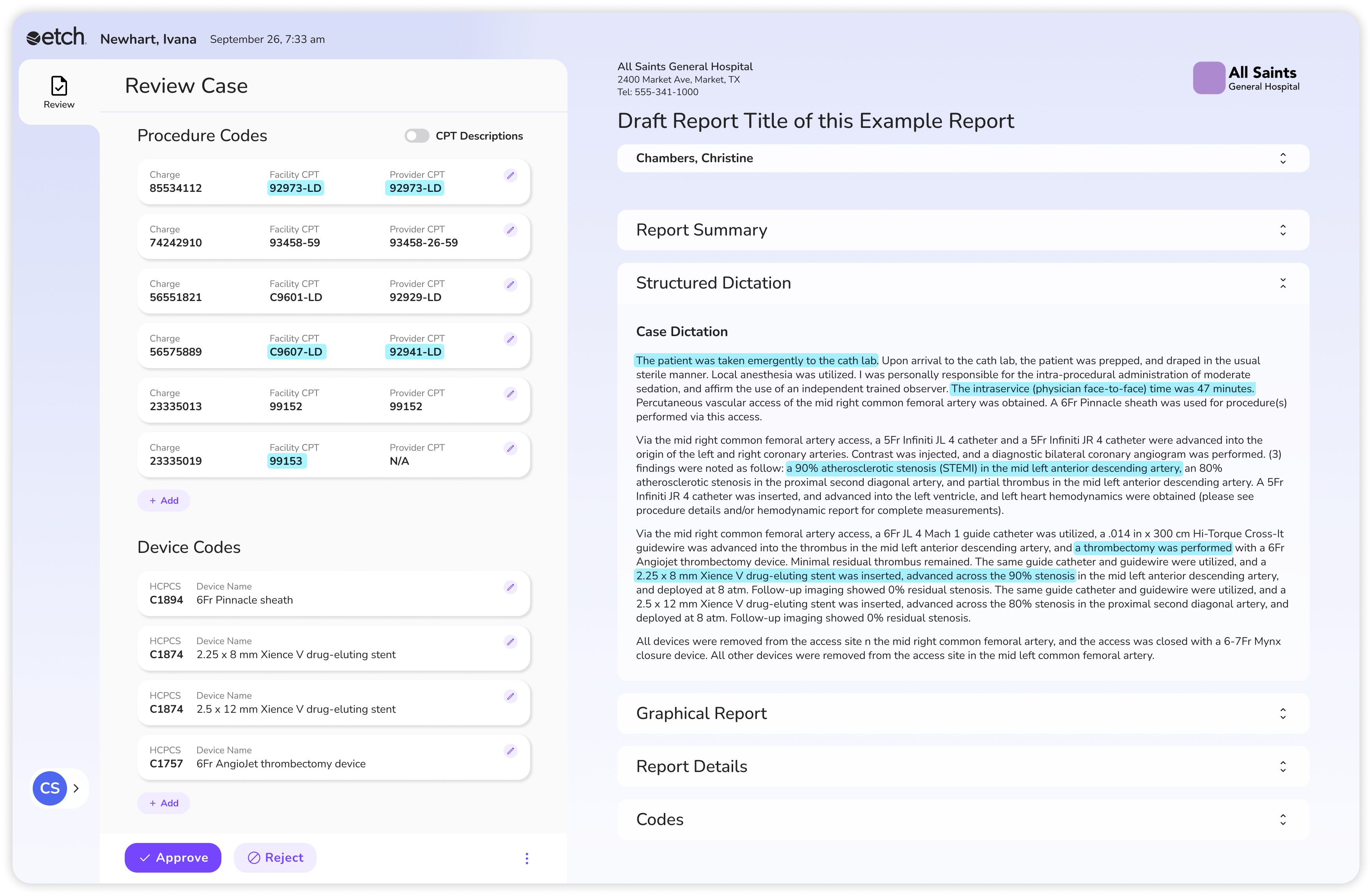 Etch case review screen showing procedure and device codes on left and a draft structured dictation report on right with blue highlights in the text.