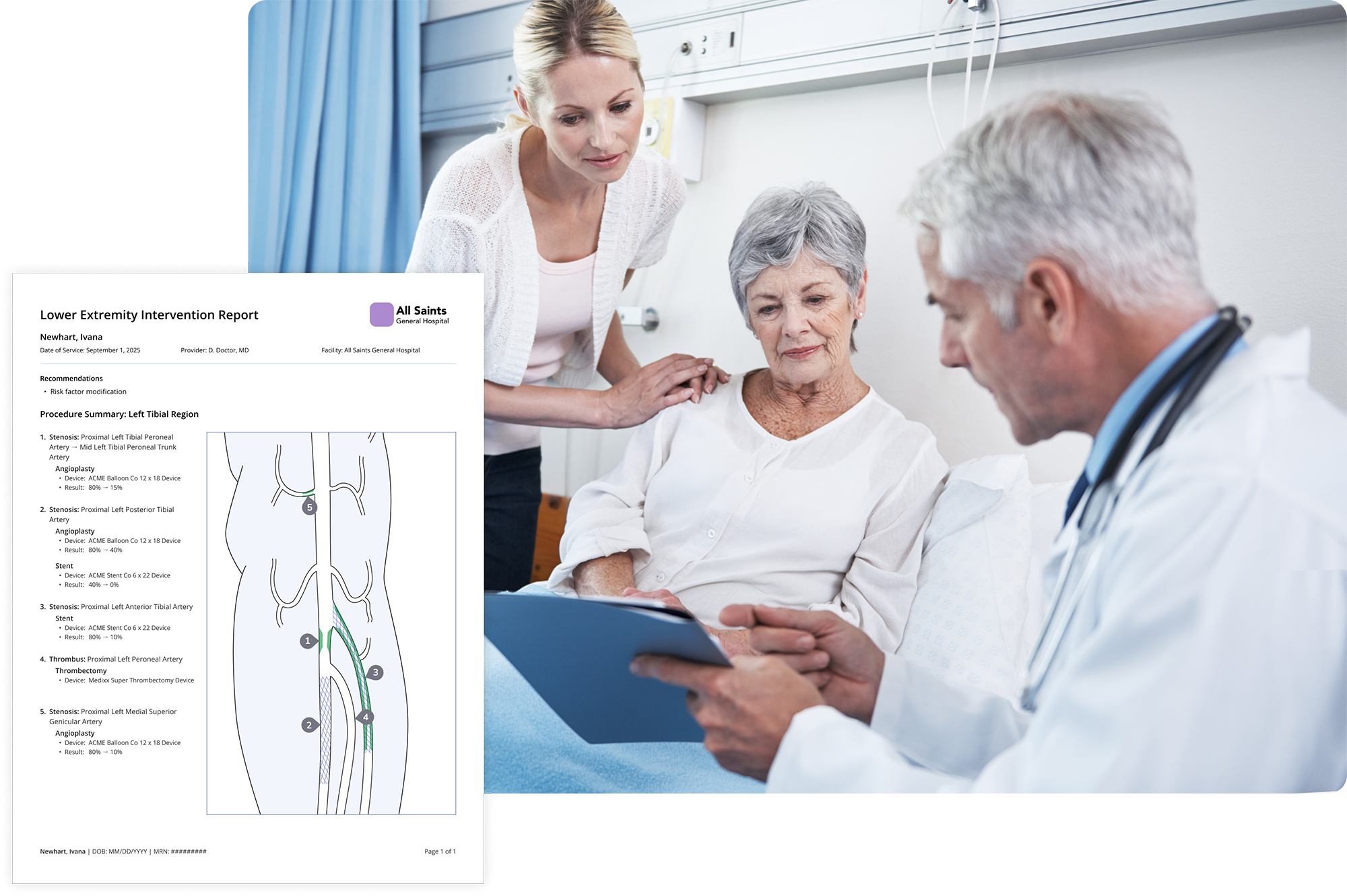 Doctor showing an Etch lower extremity intervention report on a clipboard to an elderly female patient with a caregiver beside her in a hospital room.