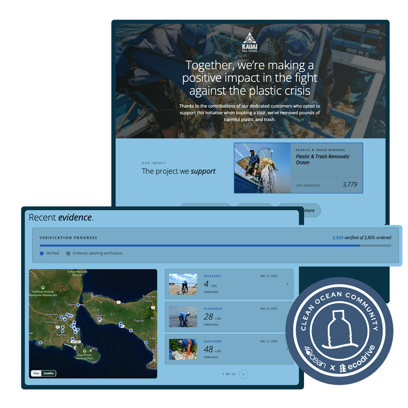 Example Ecodrive Impact Portal with a verified public dashboard, recent evidence, and clean ocean community badge