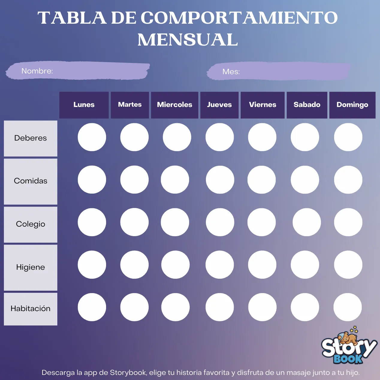 Tabla mensual  de comportamiento para niños