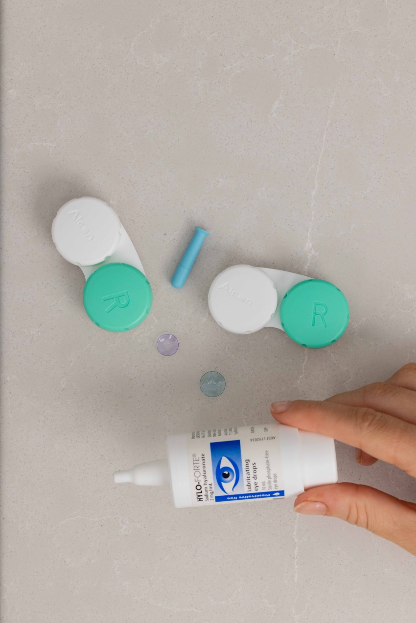 Contact lenses, storage cases and eye drops arranged for contact lens care