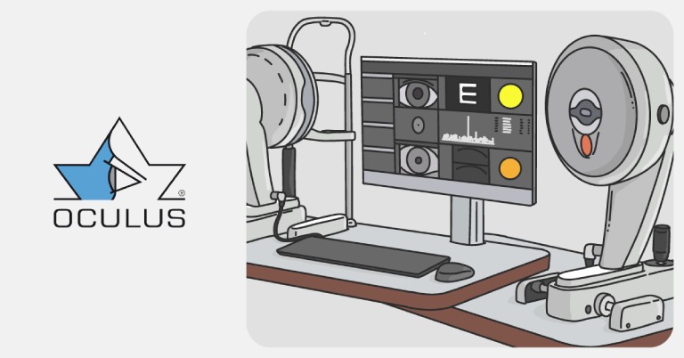 Illustration of OCULUS eye testing equipment used in clinical eye care