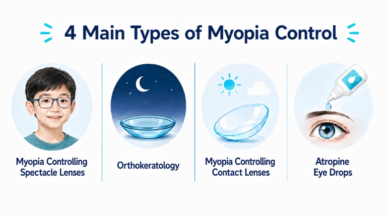 Diagram showing myopia-controlling spectacle lenses, orthokeratology, myopia-controlling contact lenses and atropine eye drops