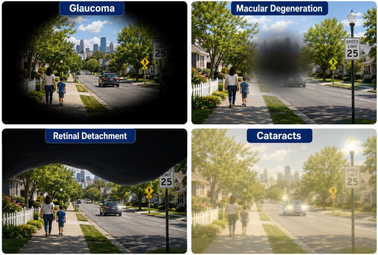 Simulations showing how glaucoma, macular degeneration, retinal detachment and cataracts may affect vision