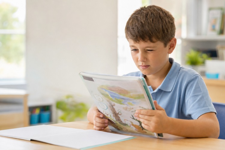 Child closing one eye and holding a book close while trying to read
