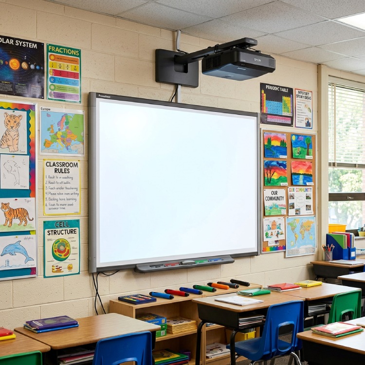Primary school classroom with a whiteboard, learning materials and student desks