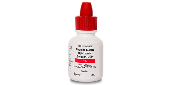 Bottle of atropine sulphate eye drops used to treat amblyopia in children