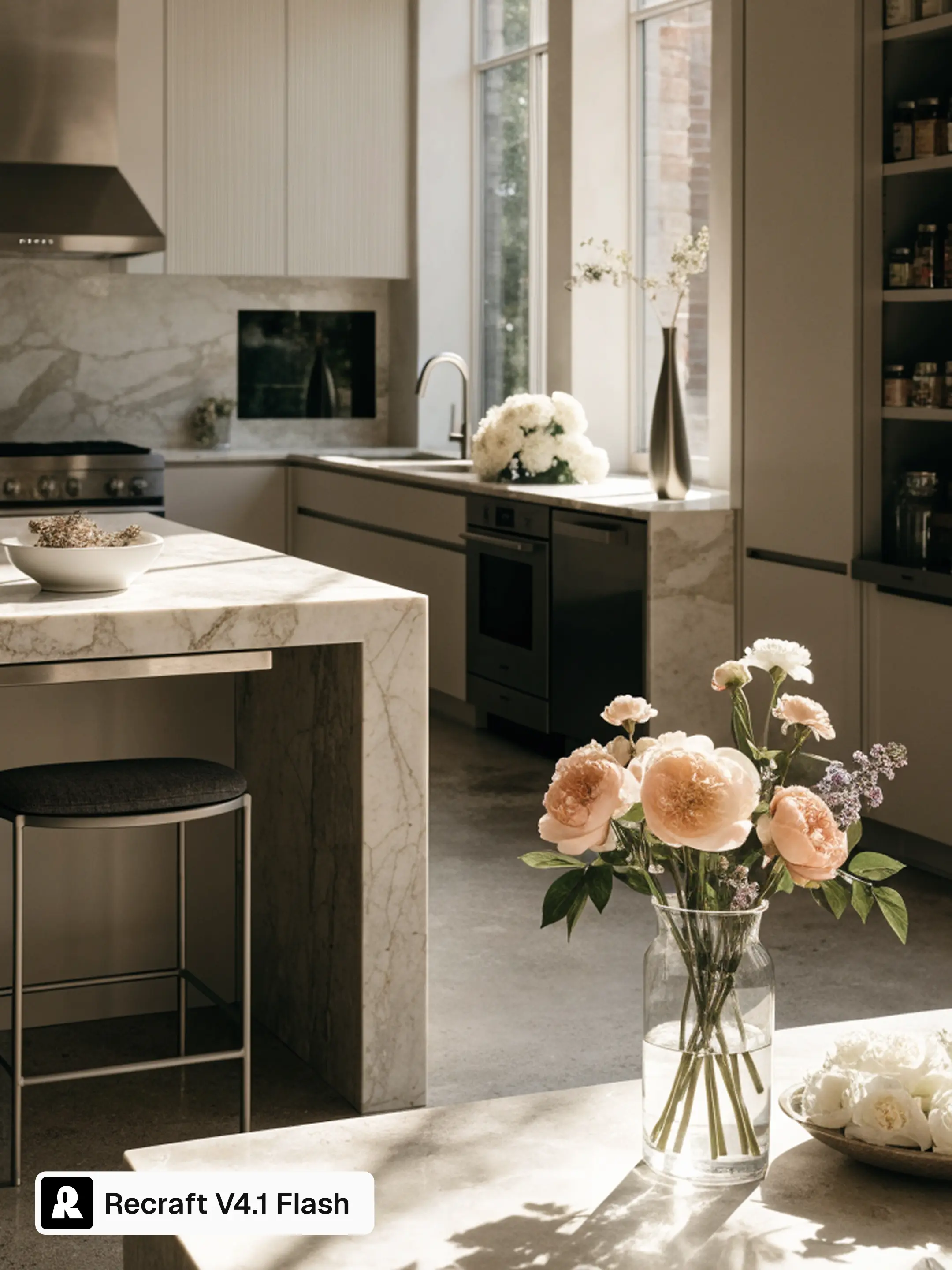 Magazine cover photo of a sophisticated marble kitchen, generated with Recraft V4.1 Flash