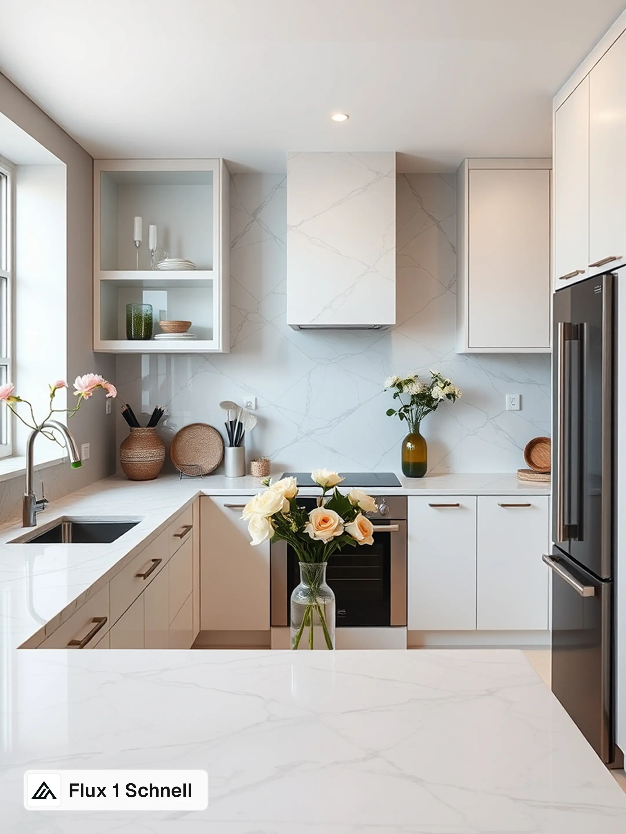 Magazine cover photo of a sophisticated marble kitchen, generated with Flux 1 Schnell