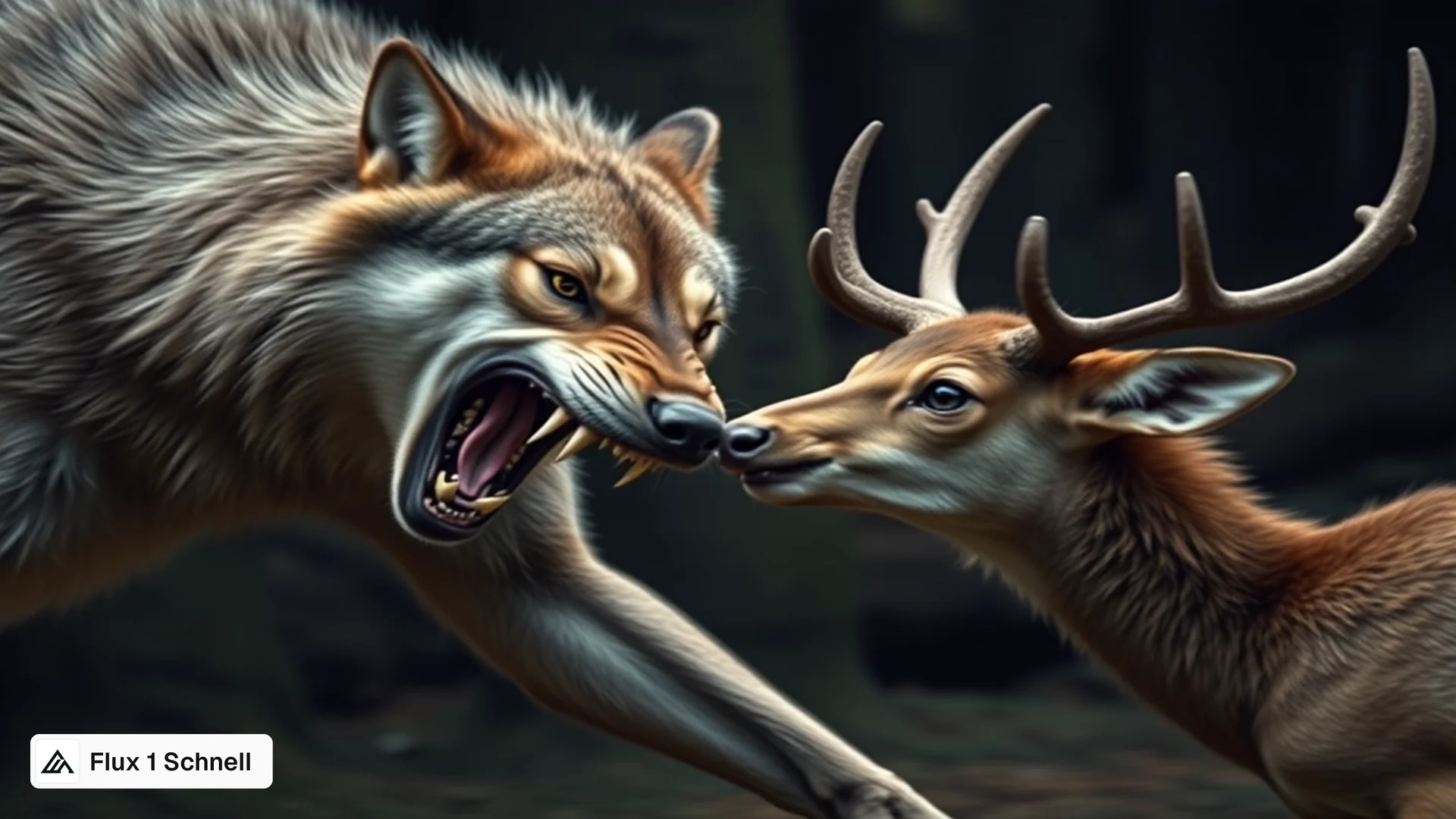 Wolf lunging at a young elk in a shadowy forest, generated with Flux 1 Schnell