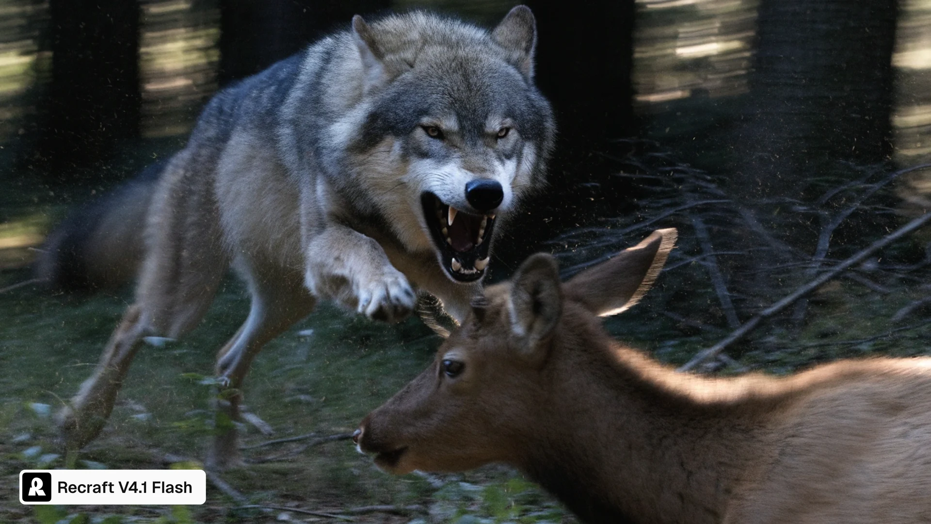 Wolf lunging at a young elk in a shadowy forest, generated with Recraft V4.1 Flash
