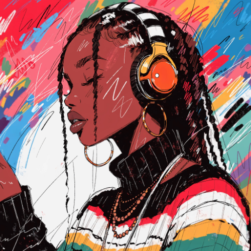 Colorful sketch-style illustration of a woman with braids wearing orange headphones, made with Recraft