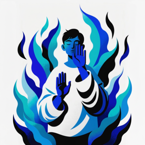 Flat vector illustration of a person with raised hands surrounded by blue flames, made with Recraft