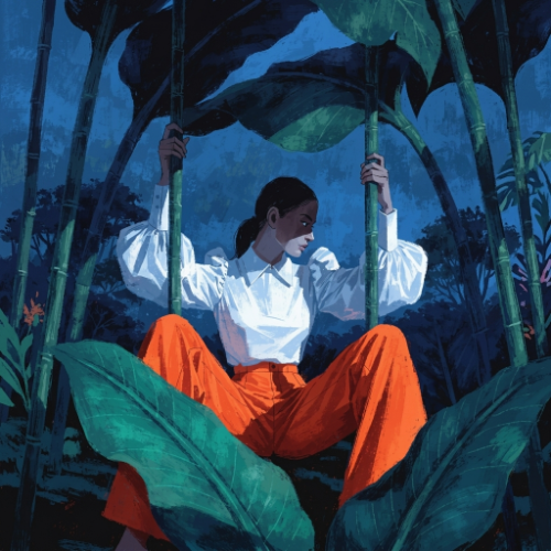Illustration of a woman in orange trousers crouching among giant jungle leaves at night, made with Recraft