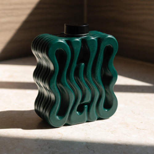 Product photo of a green wavy ceramic flask in sunlight, made with Recraft