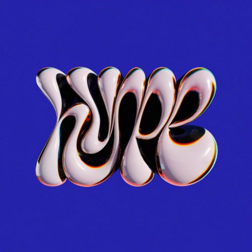 Glossy chrome lettering reading HYPE on a blue background, made with Recraft