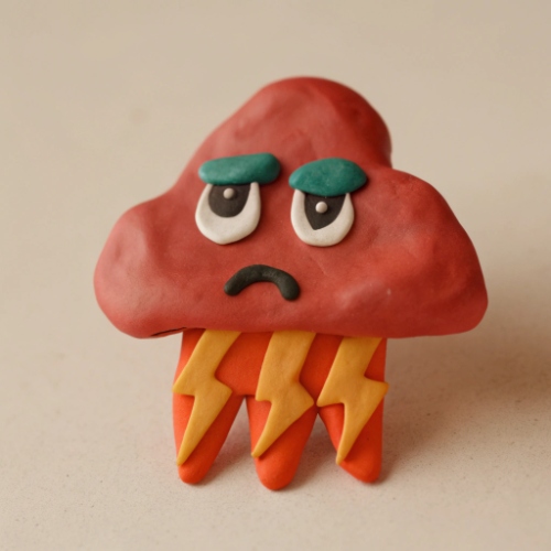 Clay model of a grumpy red storm cloud with lightning bolts, made with Recraft