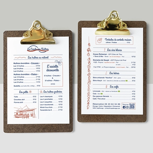 Carte de menu pour la dégustation d'huîtres au mas d'un petit producteur du sud de la France.