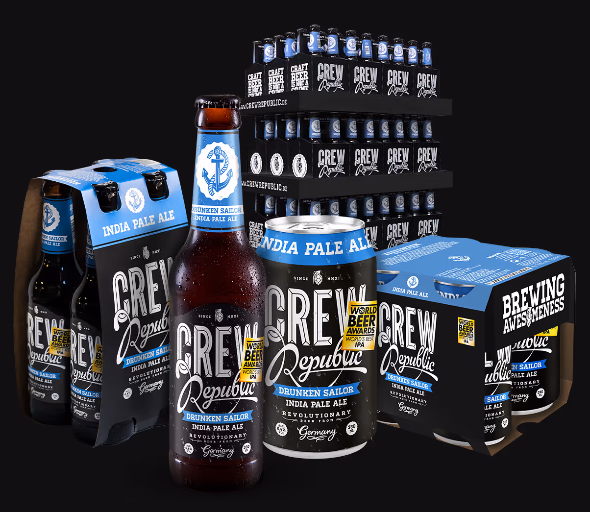 Eine Darstellung der verschiedenen Verpackungen des Biers von Crew Republic