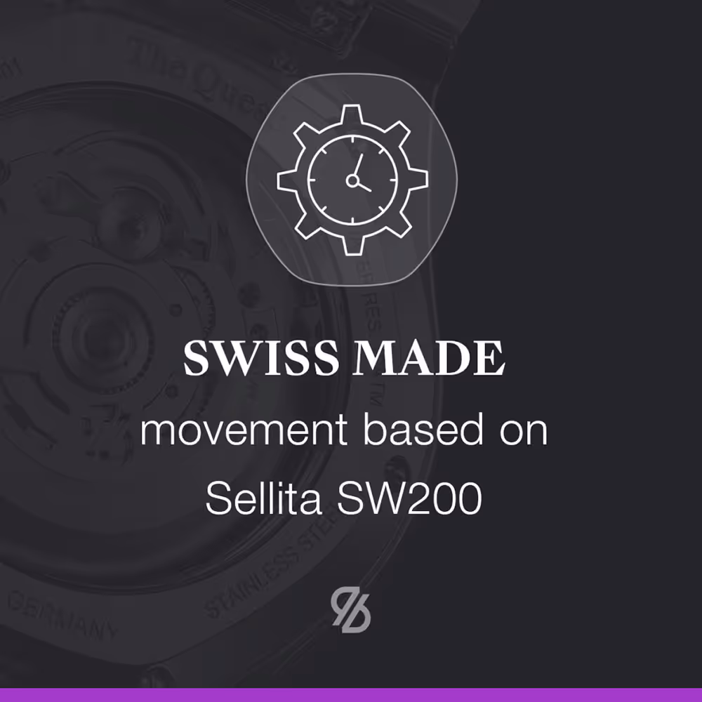 Grafik mit Icon einer Uhr und Text „SWISS MADE – movement based on Sellita SW200“ – Fokus auf Qualität und Herkunft.