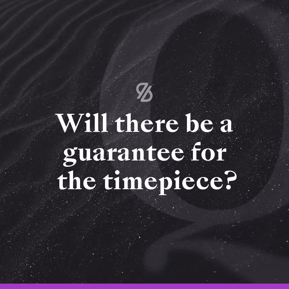 Schriftzug „Will there be a guarantee for the timepiece?“ auf dunkler Textur – Kundenfrage als visuelles Element.