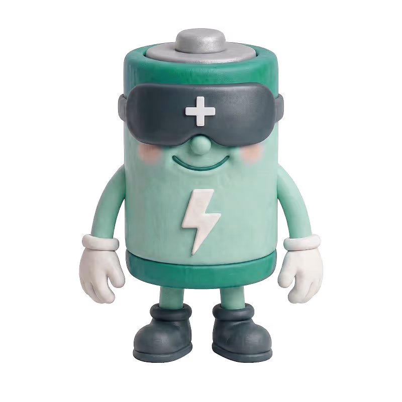 Barni Batterie mit Sonnenbrille und Blitzsymbol auf der Vorderseite.