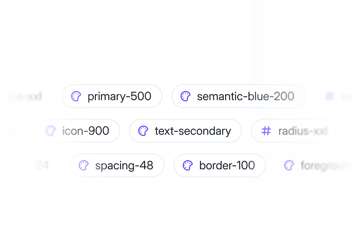 Color and style variable tags labeled primary-500, semantic-blue-200, icon-900, text-secondary, spacing-48, border-100.