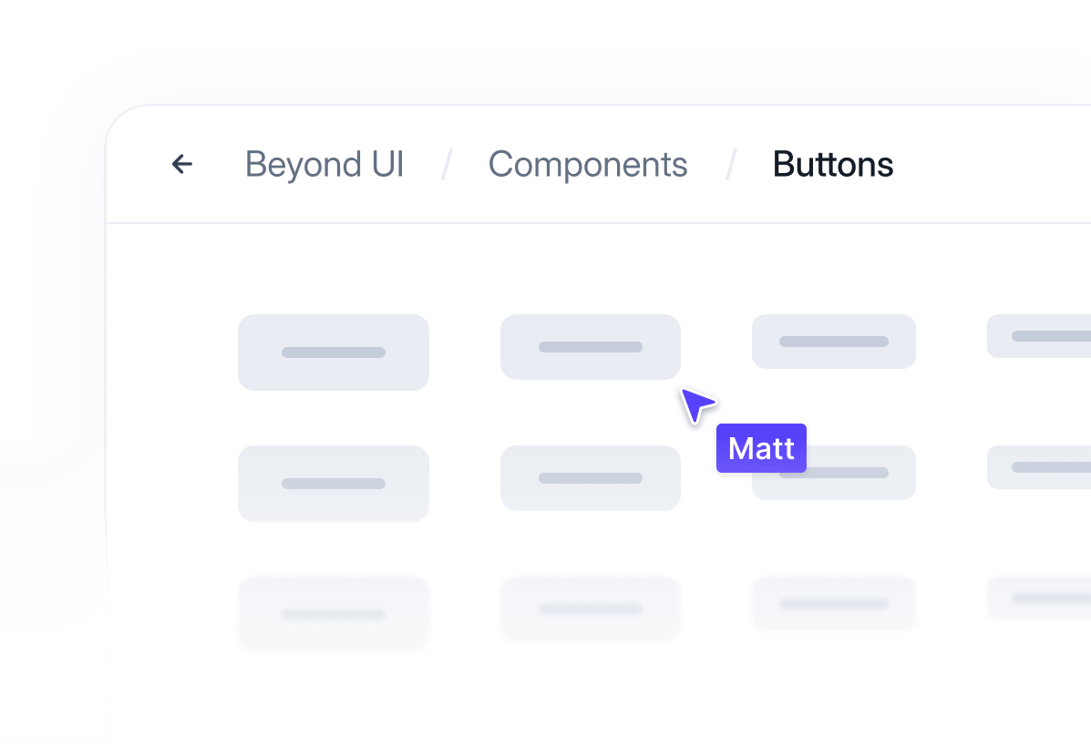 UI screen showing breadcrumb navigation Beyond UI > Components > Buttons with a cursor pointing at a button.