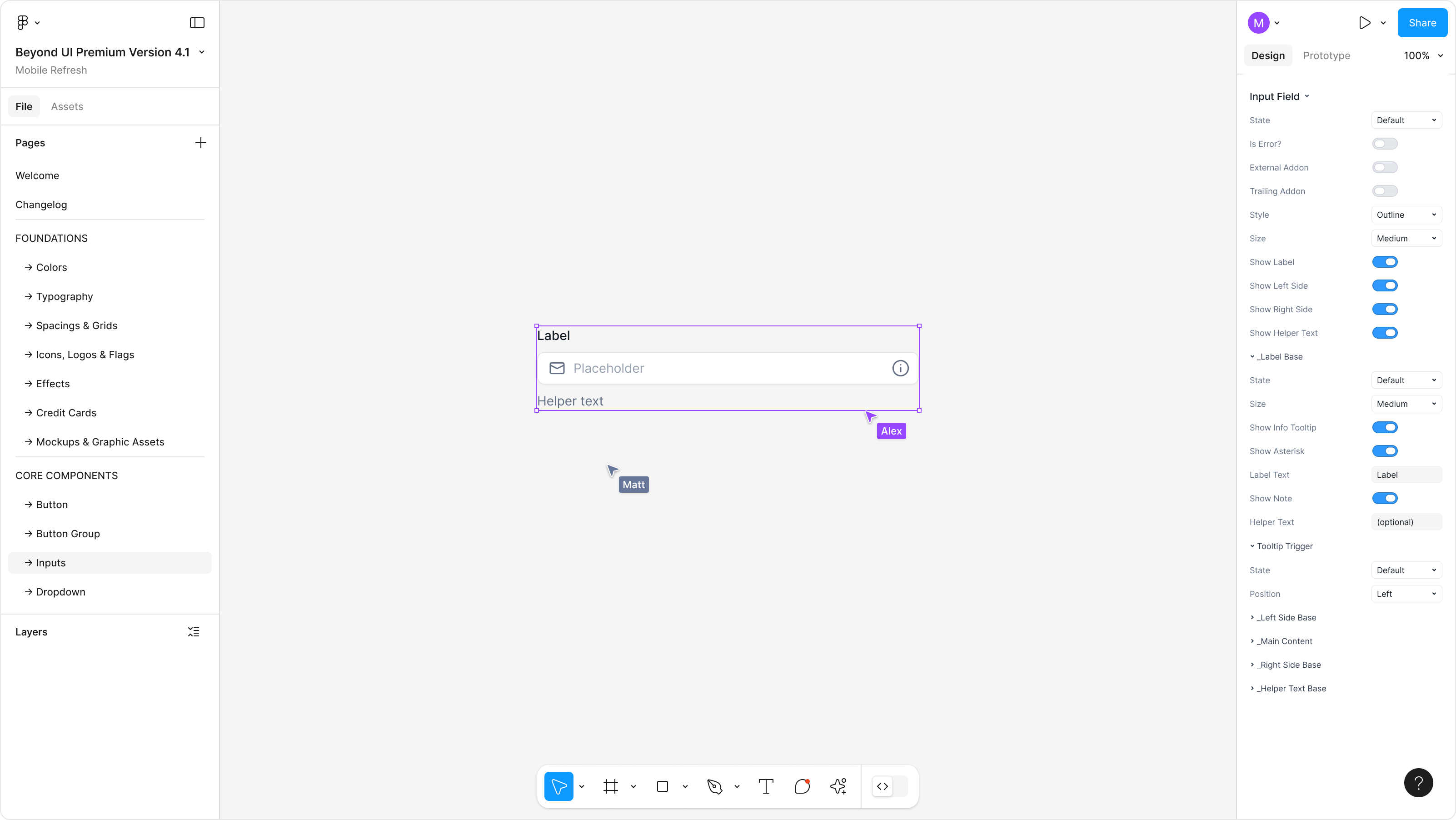 Design tool interface showing input field component with label, placeholder, and helper text settings panel.