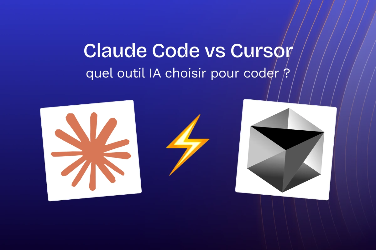Logo Claude et logo Cursor séparés par un éclair, illustrant le comparatif Claude Code vs Cursor pour choisir un outil IA de codage.