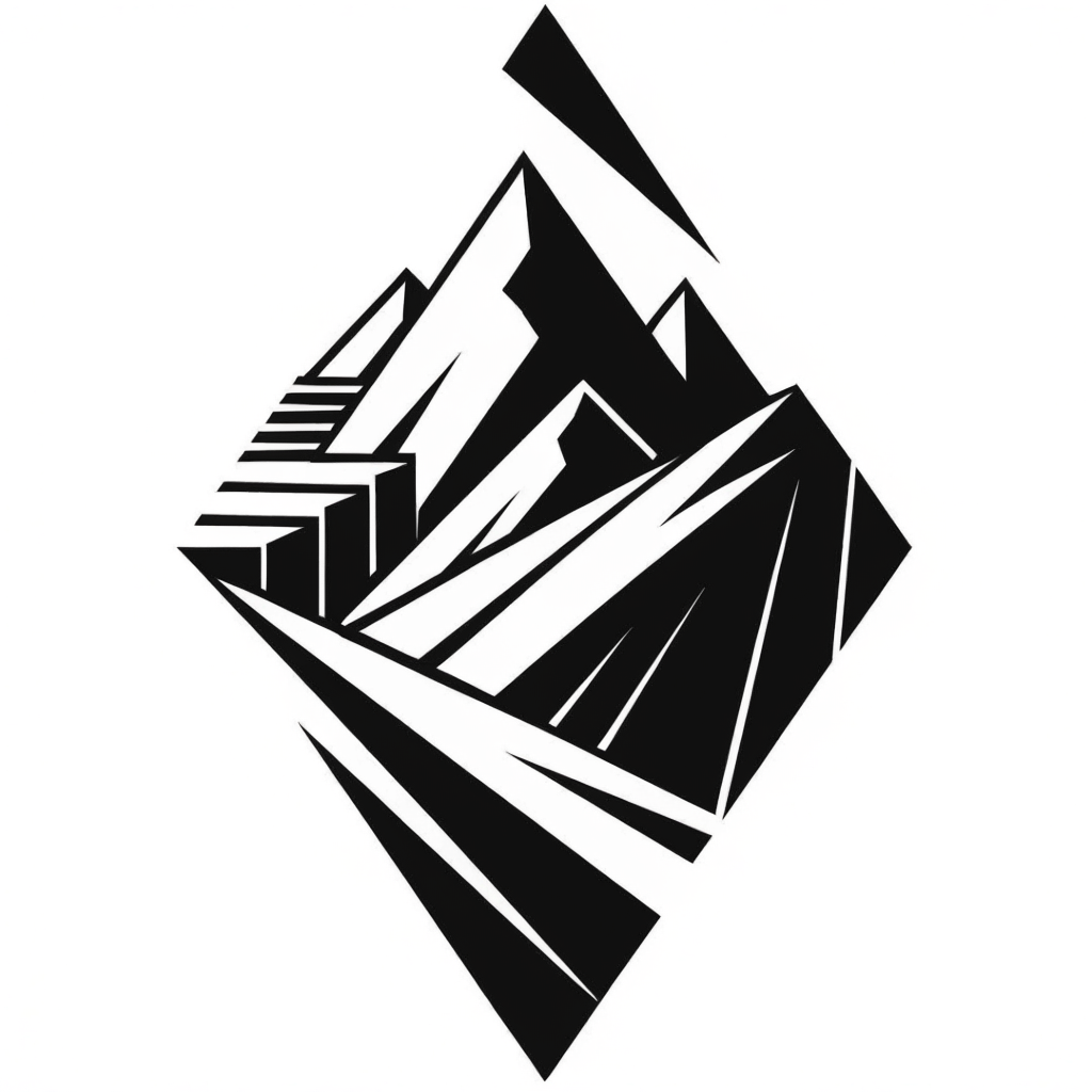 Bold geometric blackwork mountain tattoo design inside a diamond shape