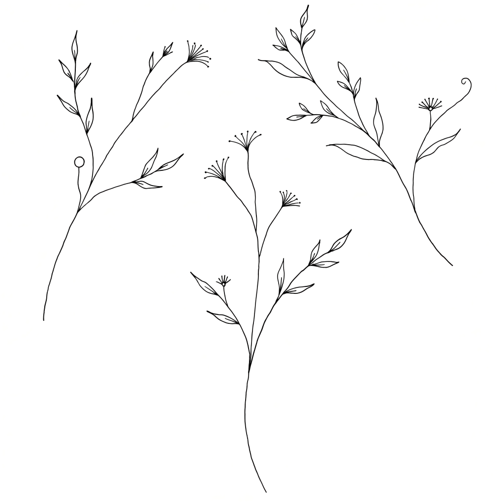 Fine line botanical tattoo design with delicate leaves and flowers