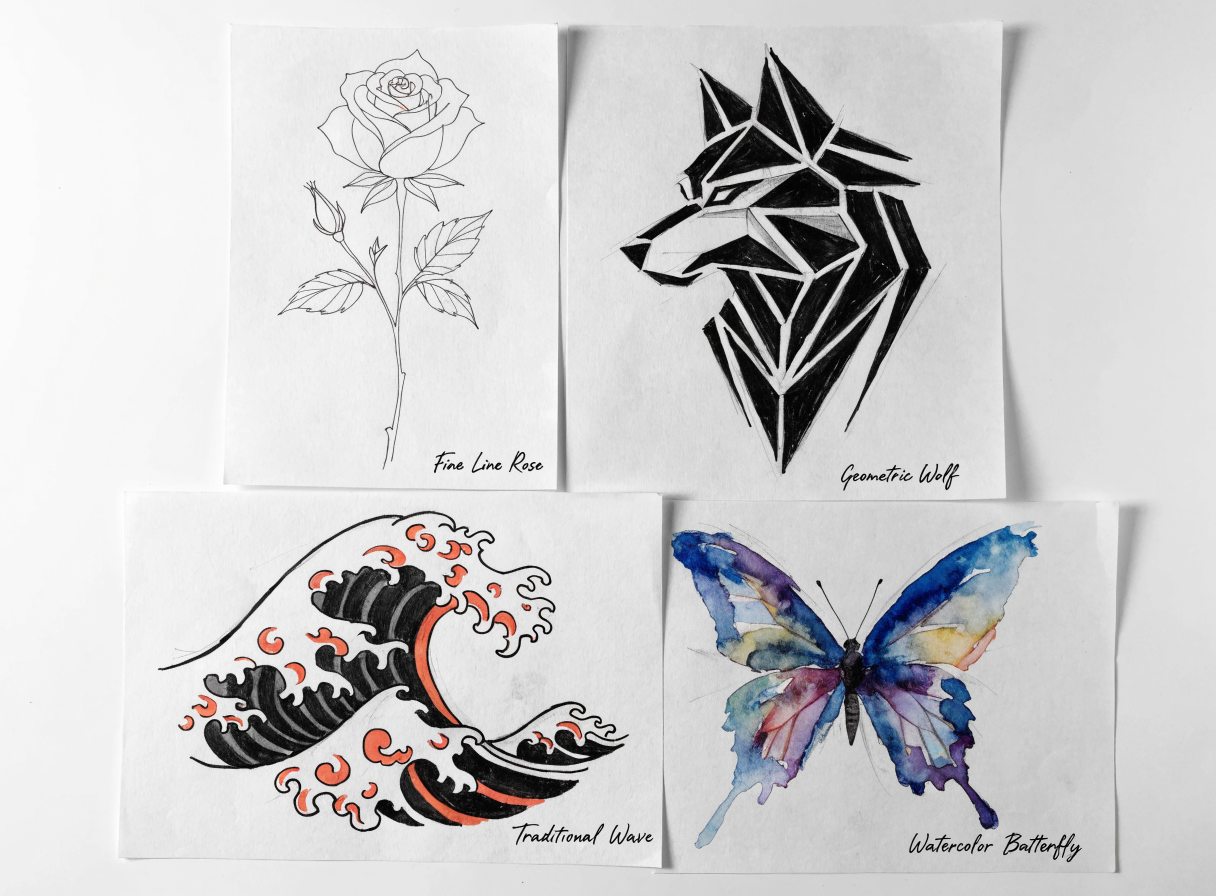 AI-generated tattoo design collection — fine line rose, geometric wolf, Japanese wave, watercolor butterfly