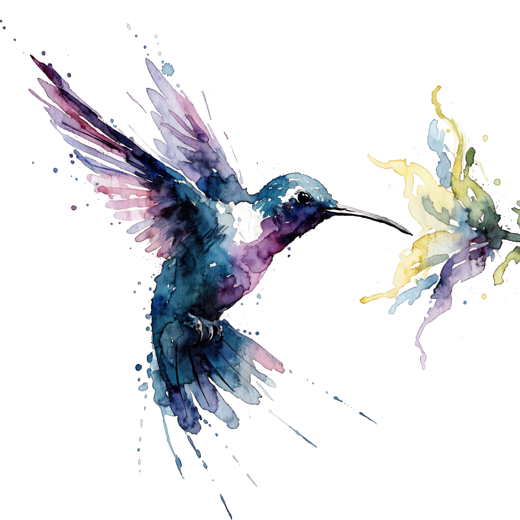 Watercolor hummingbird tattoo design in teal, violet and magenta