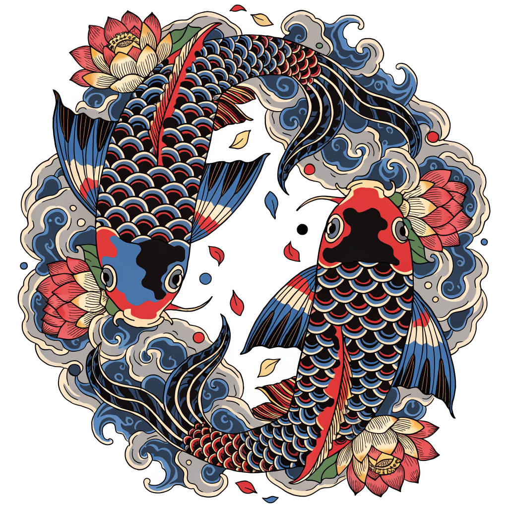 Traditional Japanese koi fish tattoo design with lotus flowers and waves