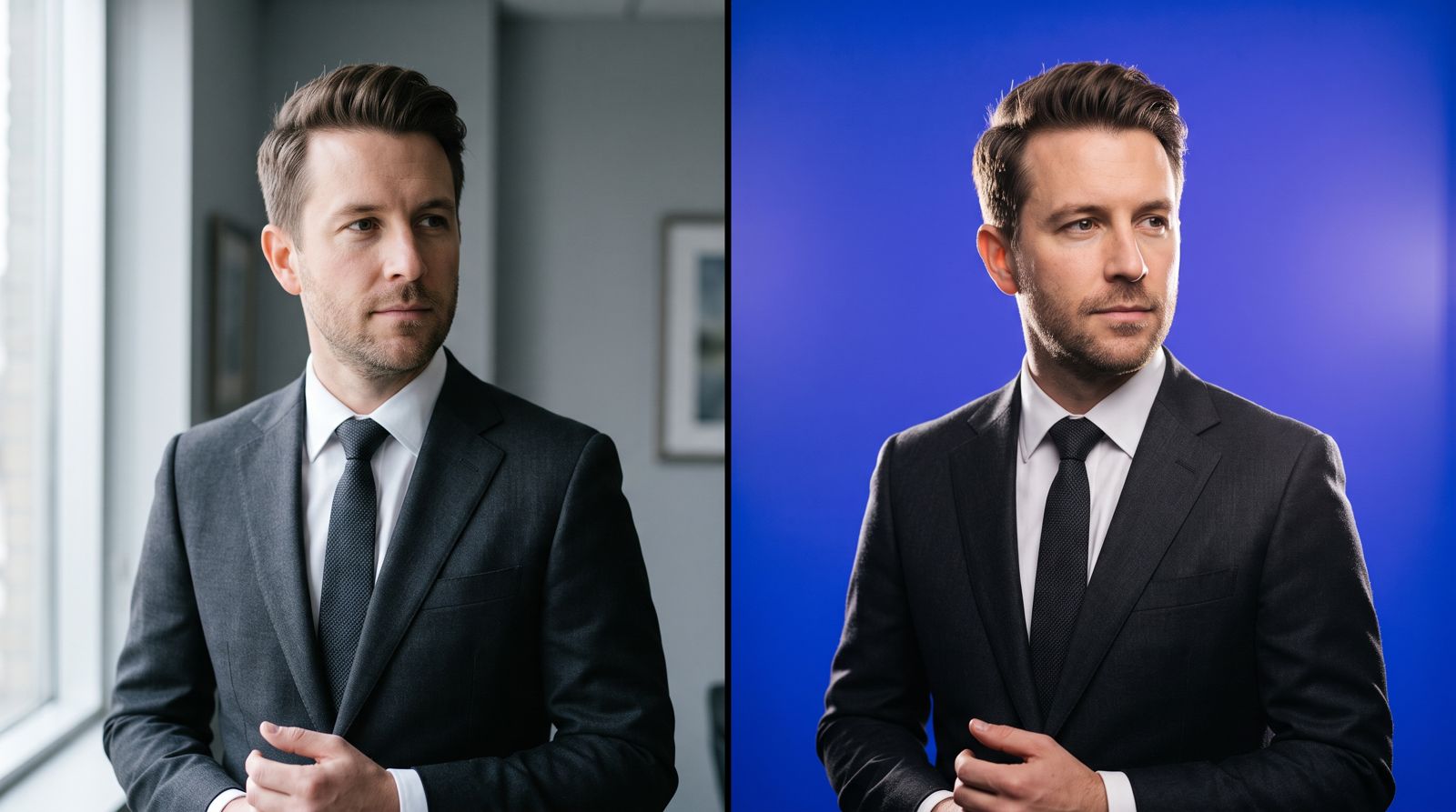 AI headshot comparison cover showing a suited man in daylight and against a blue studio backdrop