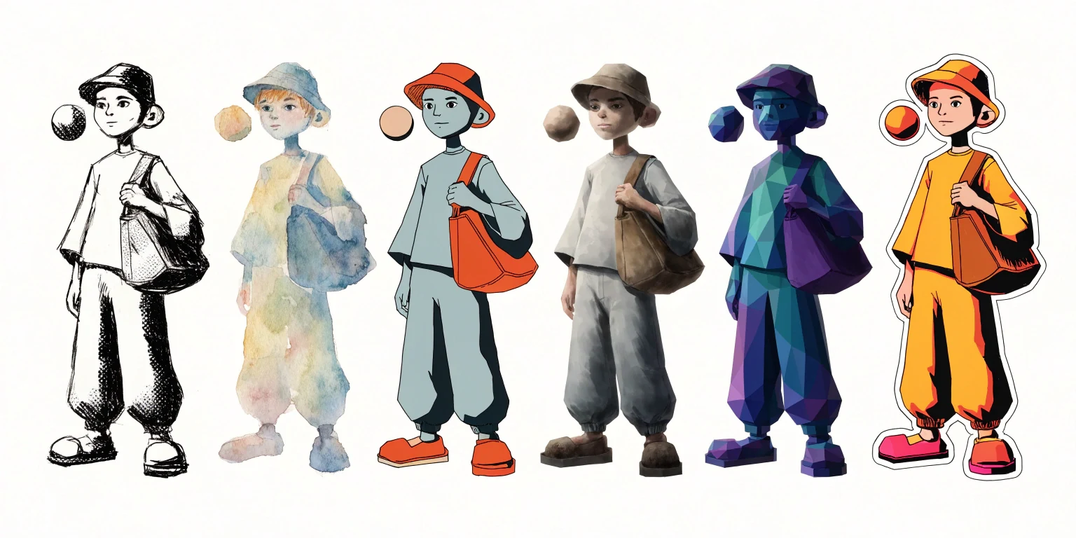 The same character in six styles: comic ink, watercolor, flat vector, painterly, low-poly 3D, and sticker